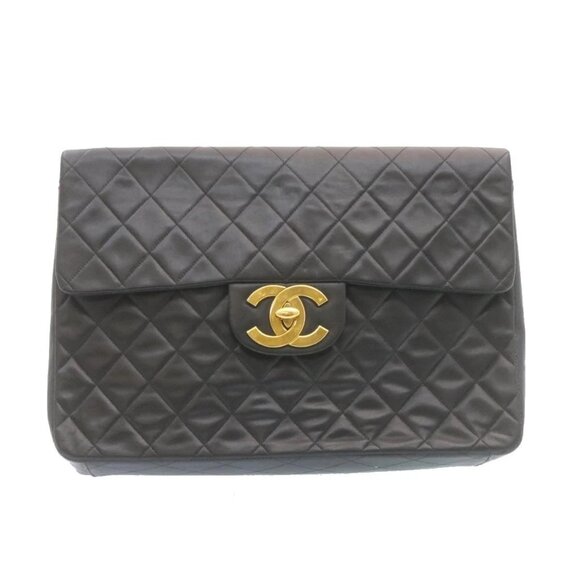 CHANEL Big Matelasse34 Turn Lock Chain Bag Lamb Skin Black Gold CC Auth ar5950AV - Picture 3 of 16
